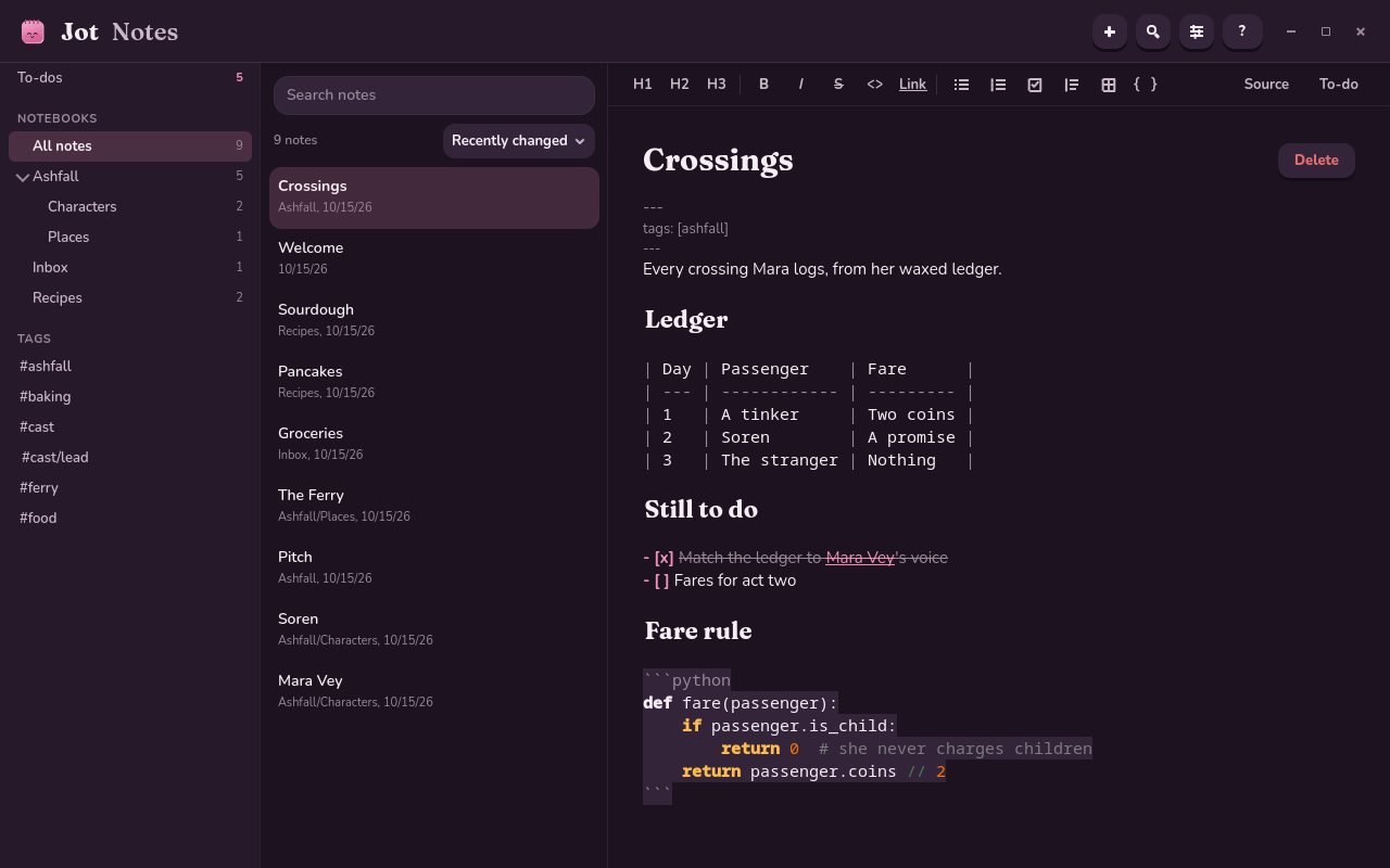 Jot in its dark theme, showing a note with headings, a lined-up table, a checklist and a colored Python code block, beside the notebooks and the note list