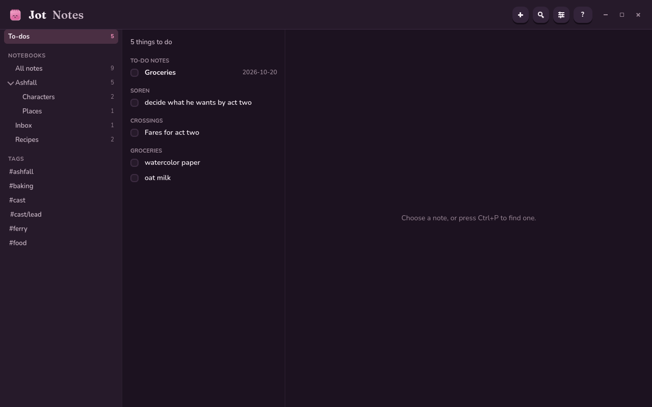 The to-do view: a to-do note with its due date, and every unticked box in the vault grouped by note